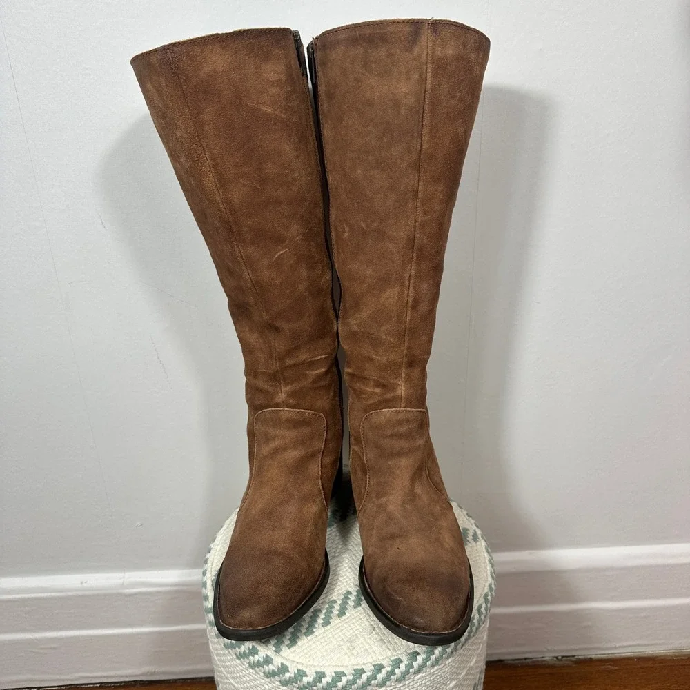 Born Felicia Leather Knee High‎ Boots Brown Distressed Suede Lace Back Women 9.5